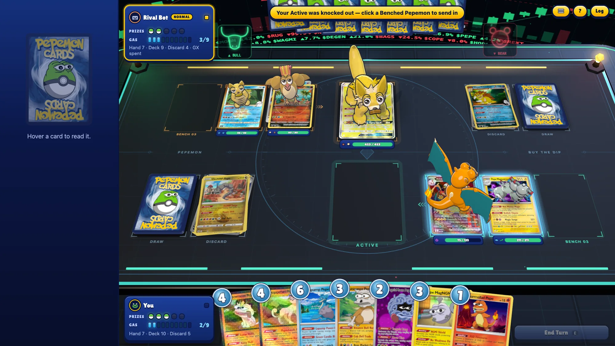 A duel on the Trading Floor arena: 3D Pepemon standing on their cards, the card inspector open on the left, hand and attack buttons below