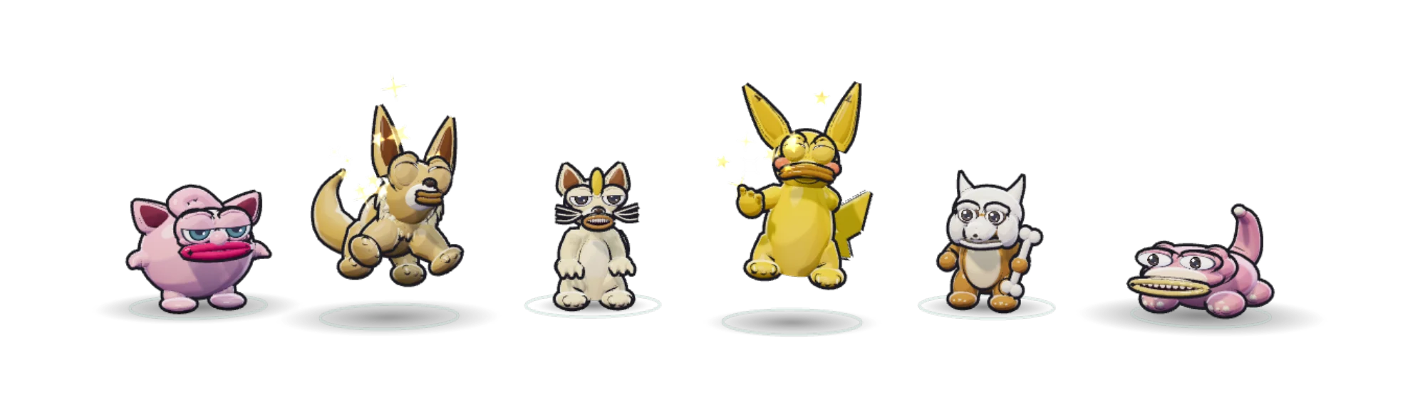 Six Pepemon miniatures in a row